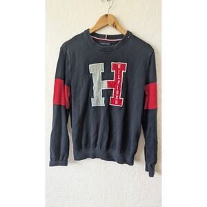 Tommy Hilfiger Navy Blue Varsity H Logo Cotton Crewneck Sweater Womens Medium